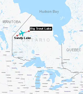 Map showing the route from Armstrong to Big Trout Lake